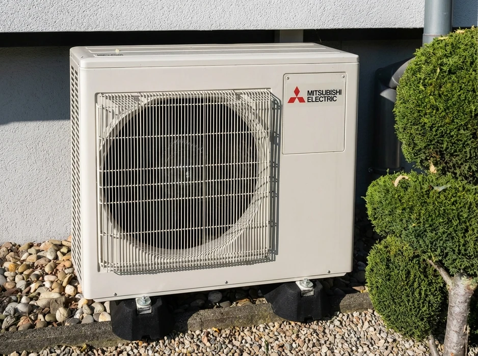 Unité extérieure de climatisation installée sur plots réglables, posée sur lit de gravier décoratif, adossée à un mur extérieur, entourée de végétation taillée