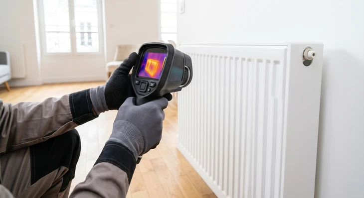 Main ajustant un thermostat mural blanc dans un intérieur résidentiel