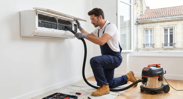 Technicien qualifié effectuant un entretien préventif sur une unité intérieure de climatisation split : il utilise un aspirateur spécialisé et des outils pour nettoyer le filtre et les composants internes de l'unité murale. Le technicien est concentré sur sa tâche dans un intérieur résidentiel, montrant le professionnalisme et la minutie du travail de maintenance. L'image doit être claire et détaillée, mettant l'accent sur l'action de maintenance préventive plutôt que corrective.