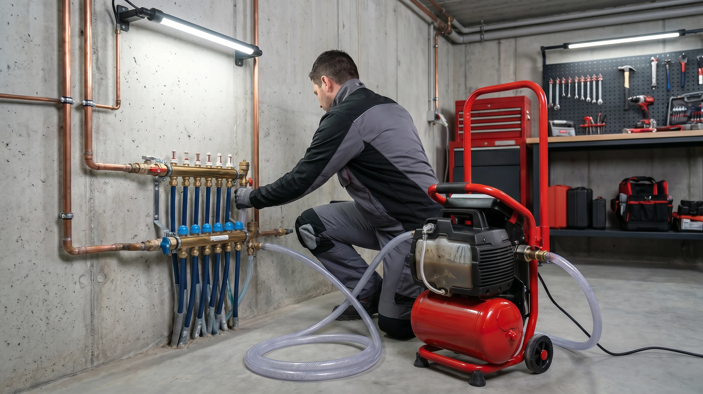 Intérieur d'atelier, main tenant une pièce métallique rongée par la corrosion avec dépôts calcaires blanchâtres