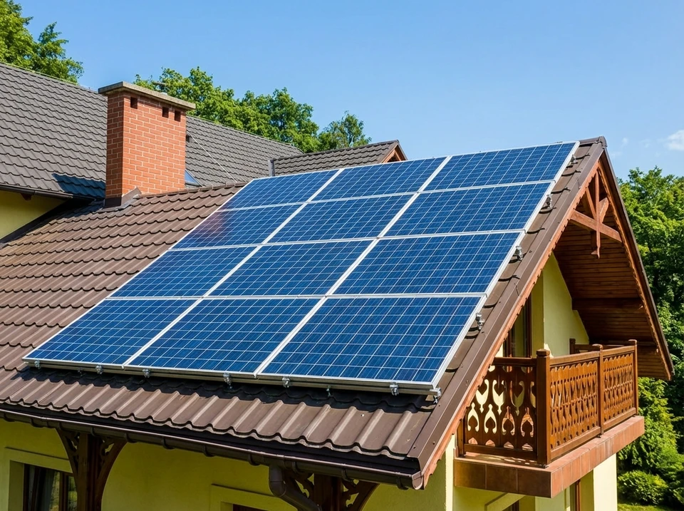 Système d'énergie solaire avec station et icône soleil, illustration moderne 3d