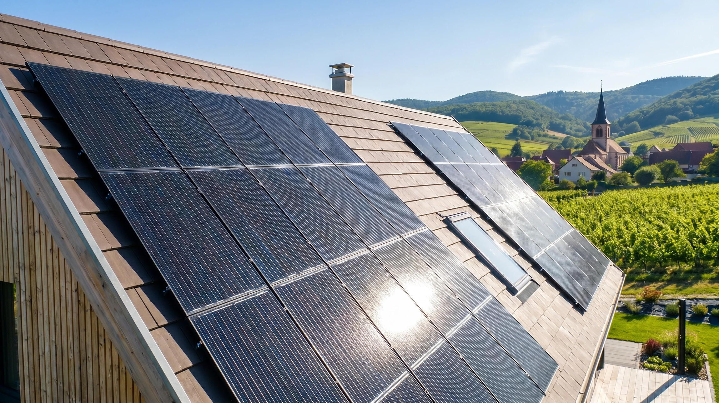 Technicien installant des panneaux solaires photovoltaïques sur toiture résidentielle par temps ensoleillé