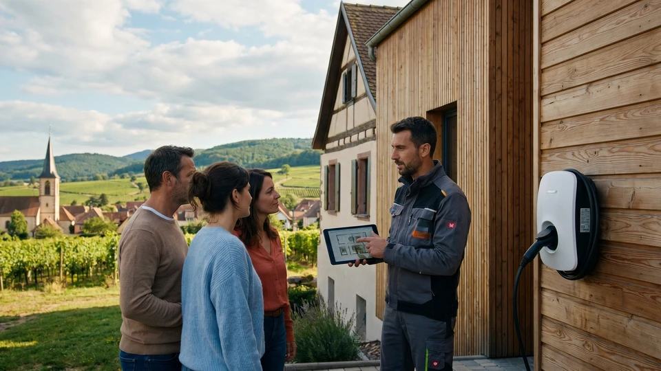Technicien qualifié travaillant sur l'installation de la station de charge EV à domicile, effectuant le dépannage et la configuration sur le système de charge avec ordinateur portable pour EV à la maison