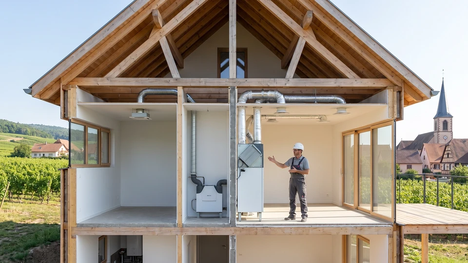 Mains installant une grille d'aération blanche dans un plafond résidentiel, accès visible au conduit de ventilation dans les combles
