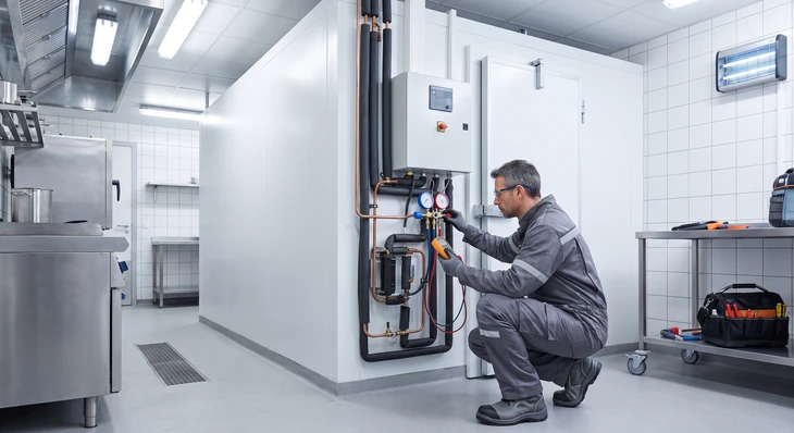 Technicien professionnel en combinaison de travail grise équipé d'outils, effectuant une maintenance préventive sur une chambre froide professionnelle. Le technicien est photographié de côté ou légèrement de trois-quarts, inspectant le panneau de contrôle ou les connexions frigorifiques de l'équipement. On voit distinctement les tuyauteries de cuivre, les vannes de contrôle et les manomètres de pression sur le coffret technique attaché à la chambre froide. L'environnement est un local technique commercial ou une cuisine professionnelle. La scène illustre clairement une opération d'entretien préventif systématique, montrant l'expertise technique et la sérieux du service de maintenance.