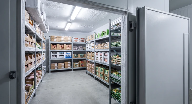 Photographie de l'intérieur d'une chambre froide négative professionnelle vue de face avec porte partiellement ouverte. L'équipement montre des rayonnages métalliques robustes contenant des aliments congelés et emballés (viandes, poissons, produits surgelés) correctement organisés. Les parois et le plafond présentent des traces de givre caractéristiques d'une température de congélation (-18 à -25°C). L'ensemble doit illustrer une installation commerciale moderne, bien entretenue et en bon fonctionnement, sans aucune personne visible.