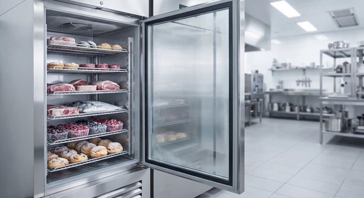 Photographie d'un surgélateur professionnel en acier inoxydable brossé, vue de face avec porte vitrée coulissante ou battante fermée. L'équipement montre des produits alimentaires (viandes, fruits, poissons) à l'intérieur, bien visibles à travers la vitre, correctement disposés sur des grilles ou plateaux internes. Le système doit présenter des traces de givre léger caractéristiques de la surgélation rapide. L'image doit être prise dans un environnement professionnel de cuisine ou d'entrepôt frigorifique, sans personnages visibles, mettant en avant la qualité et la robustesse de l'équipement en stainless steel.