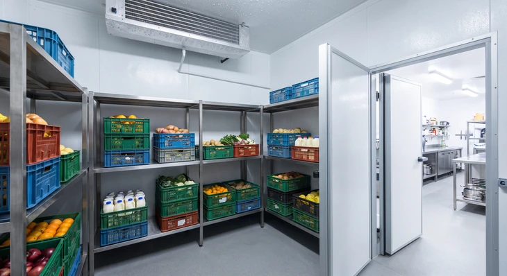 Photographie d'une chambre froide positive professionnelle vue de l'intérieur, avec porte ouverte révélant l'équipement. On y voit des rayonnages métalliques bien organisés stockant des caisses de denrées alimentaires fraîches (fruits, légumes, produits laitiers), avec des traces de condensation légère sur les parois, montrant le fonctionnement du système frigorifique. L'ambiance doit être celle d'une installation commerciale moderne et bien entretenue, sans personnages visibles.