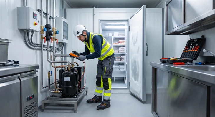 Technicien professionnel en tenue de travail et équipement de sécurité, intervenant en urgence sur une chambre froide commerciale défaillante. Le technicien est photographié en train de diagnostiquer ou réparer un composant critique (compresseur, détendeur, circuits frigorifiques). L'environnement montre clairement un local technique ou une cuisine professionnelle. L'ambiance doit transmettre l'urgence et le caractère critique de l'intervention, avec l'équipement frigorifique comme point focal, illustrant la réactivité du service et la protection des marchandises en danger.